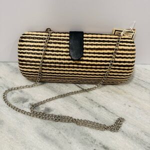 Le Sac Straw Clutch Crossbody Black Tan Striped Woven Chain Bag